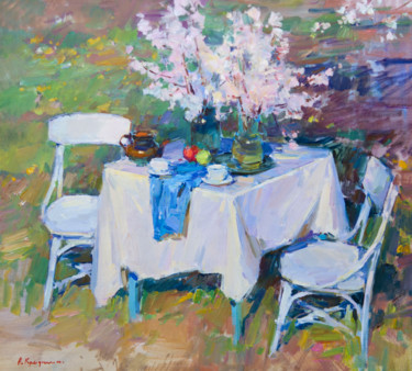 Painting titled "Spring still life i…" by Aleksander Kryushyn, Original Artwork, Oil Mounted on Wood Stretcher frame