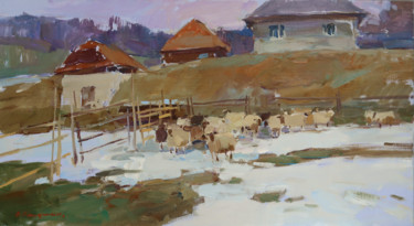 Painting titled "Sheepfold. March" by Aleksander Kryushyn, Original Artwork, Oil Mounted on Wood Panel