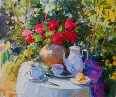 Malarstwo zatytułowany „Tea roses” autorstwa Aleksander Kryushyn, Oryginalna praca, Olej