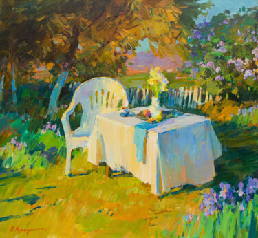 Painting titled "Spring garden sunset" by Aleksander Kryushyn, Original Artwork, Oil Mounted on Wood Stretcher frame