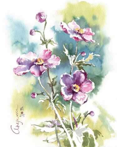 Malerei mit dem Titel "Anemone flowers" von Ksenia Selianko, Original-Kunstwerk, Aquarell