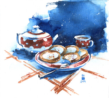 Картина под названием ""Tea drinking"" - Ksenia Selianko, Подлинное произведение искусства, Акварель