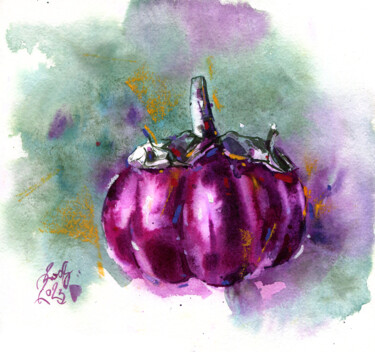 Schilderij getiteld ""Eggplant. Harvest…" door Ksenia Selianko, Origineel Kunstwerk, Aquarel