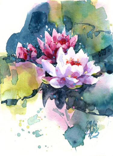 Peinture intitulée "Lotus flowers on th…" par Ksenia Selianko, Œuvre d'art originale, Aquarelle