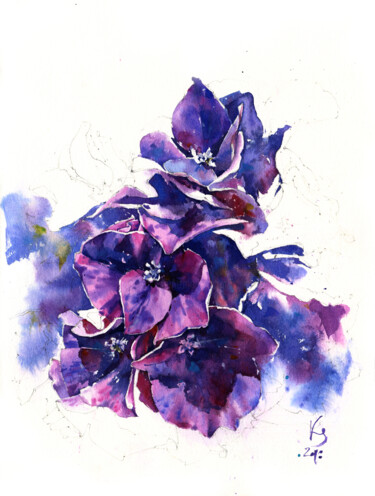 Malarstwo zatytułowany „"Dark Purple Hydran…” autorstwa Ksenia Selianko, Oryginalna praca, Akwarela