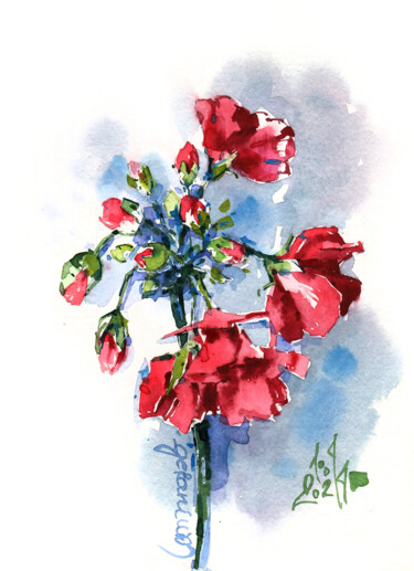 Malerei mit dem Titel ""Bright red geraniu…" von Ksenia Selianko, Original-Kunstwerk, Aquarell