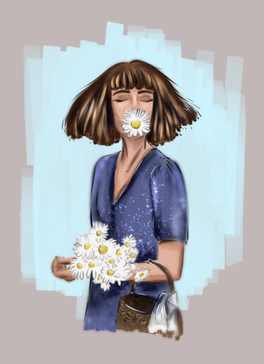 Digital Arts titled "Girl with daisies" by Kseniya Sketch, Original Artwork, Digital Painting