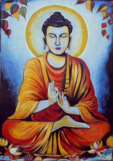 Peinture intitulée "Siddhartha Gautama" par Ks Green, Œuvre d'art originale, Huile Monté sur Panneau de bois