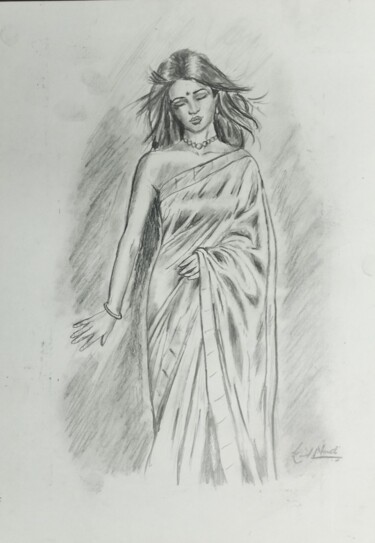 Drawing titled "Women in Saree" by Kunal Nandi, Original Artwork, Pencil