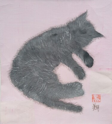 Malerei mit dem Titel "NIHONGA NEKO　KURO" von Saku Kuronashi, Original-Kunstwerk, Pigmente