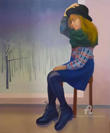 Картина под названием "girl in black hat(д…" - Вадим Кузнецов, Подлинное произведение искусства, Масло