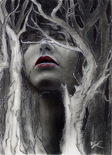Zeichnungen mit dem Titel "Dark as Wood" von Kylie Holland (KyA Illustration), Original-Kunstwerk, Kohle