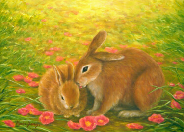 Malarstwo zatytułowany „Rabbits and Fallen…” autorstwa Kyoko Yamaji, Oryginalna praca, Olej