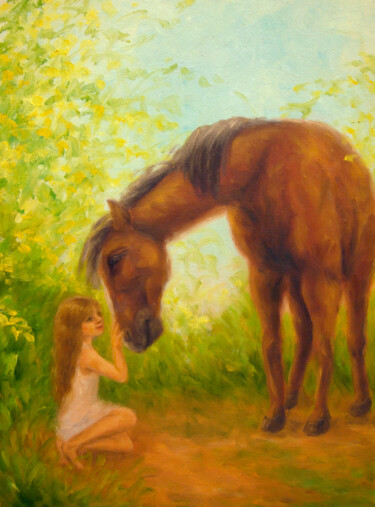 Pittura intitolato "Girl and Horse" da Kyoko Yamaji, Opera d'arte originale, Olio