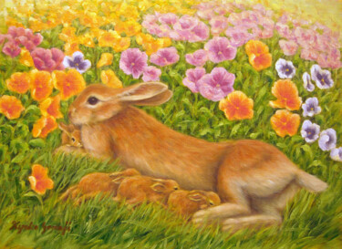 Pittura intitolato "Rabbits Family in P…" da Kyoko Yamaji, Opera d'arte originale, Olio