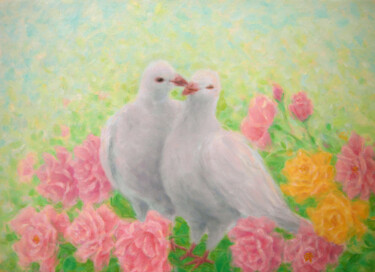 Pintura titulada "Doves and Roses" por Kyoko Yamaji, Obra de arte original, Oleo