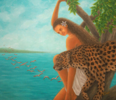 Malerei mit dem Titel "Woman and Leopard" von Kyoko Yamaji, Original-Kunstwerk, Öl Auf Keilrahmen aus Holz montiert