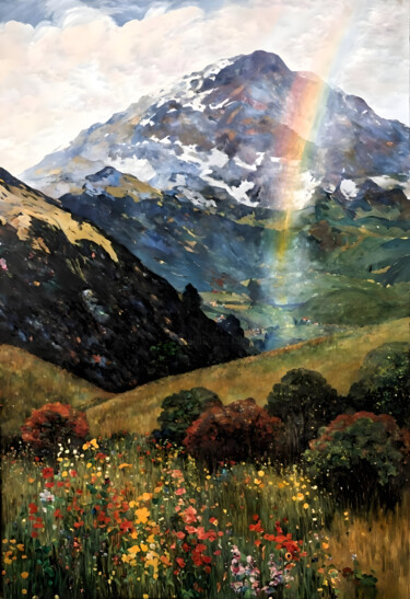 Arts numériques intitulée "Rainbow in the moun…" par Kyozai, Œuvre d'art originale, Image générée par l'IA