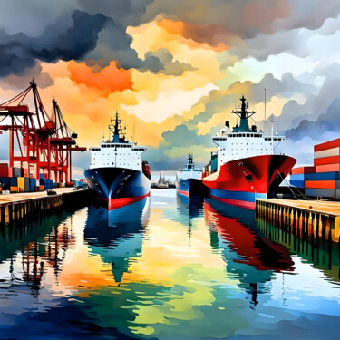 Digitale Kunst getiteld "Port Scene" door Kyozai, Origineel Kunstwerk, AI gegenereerde afbeelding