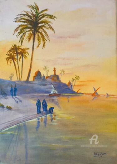 「Evening on the Nile」というタイトルの絵画 L'Orientalisteによって, オリジナルのアートワーク, オイル