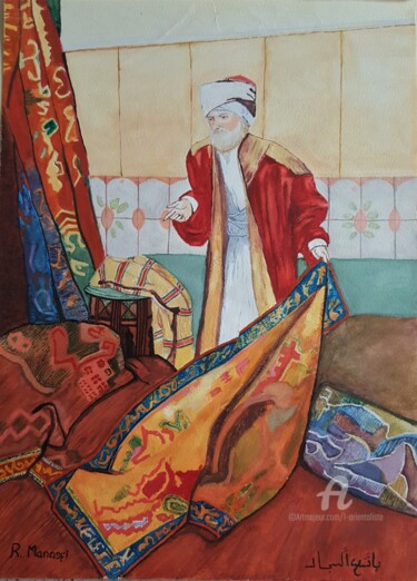 Картина под названием "The Carpet Seller b…" - L'Orientaliste, Подлинное произведение искусства, Акварель