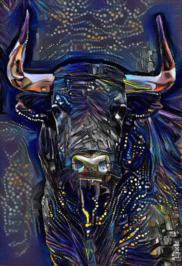 Arts numériques intitulée "Toro azulon, bull-…" par L.Roche, Œuvre d'art originale, Encre