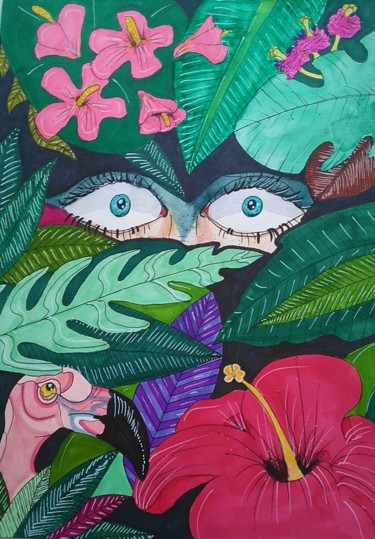 Painting titled "Voyeur Tropical" by Grappe, Original Artwork, Watercolor