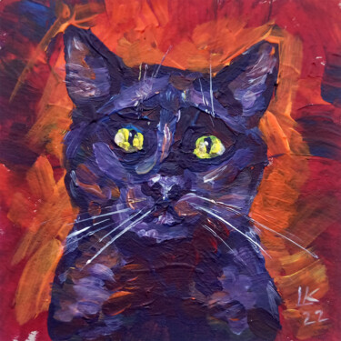 Schilderij getiteld "Black Cat With Yell…" door Lada Kholosho, Origineel Kunstwerk, Acryl