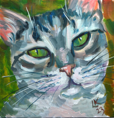 Schilderij getiteld "Tabby Grey  Cat Wit…" door Lada Kholosho, Origineel Kunstwerk, Olie Gemonteerd op Karton