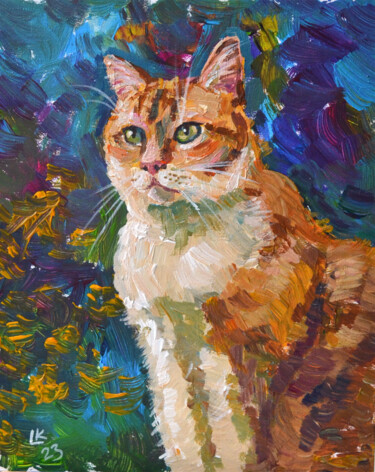 Painting titled "My fellow cat" by Lada Kholosho, Original Artwork, Acrylic Mounted on Cardboard