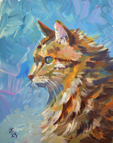 Painting titled "Furry Cat portrait" by Lada Kholosho, Original Artwork, Acrylic Mounted on Cardboard