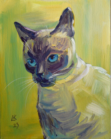 Painting titled "Siamese Cat portrai…" by Lada Kholosho, Original Artwork, Acrylic Mounted on Cardboard