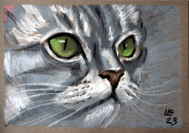 Картина под названием "Tabby Cat's Gaze" - Lada Kholosho, Подлинное произведение искусства, Пастель