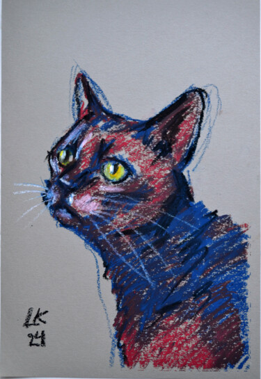 Pintura titulada "Black Cat Muzzle" por Lada Kholosho, Obra de arte original, Pastel