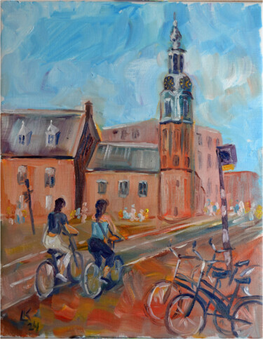 Schilderij getiteld "Bikes in Amsterdam" door Lada Kholosho, Origineel Kunstwerk, Olie Gemonteerd op Frame voor houten branc…
