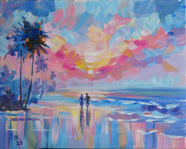 Painting titled "Romantic sunset on…" by Lada Kholosho, Original Artwork, Acrylic Mounted on Cardboard