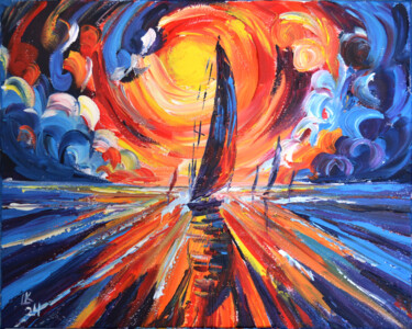 Painting titled "The Horizon's Fiery…" by Lada Kholosho, Original Artwork, Acrylic Mounted on Wood Stretcher frame