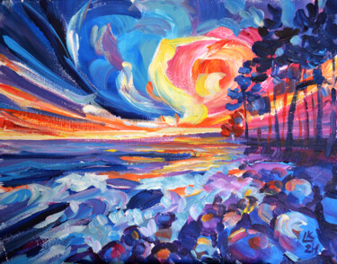 Painting titled "Celestial Sunset by…" by Lada Kholosho, Original Artwork, Acrylic Mounted on Cardboard