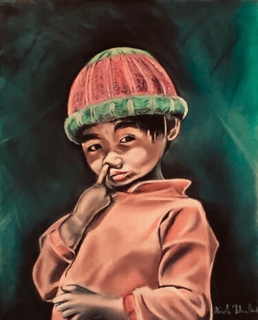 Dessin intitulée "Le petit Népalais" par Nicole Brouillard, Œuvre d'art originale, Pastel