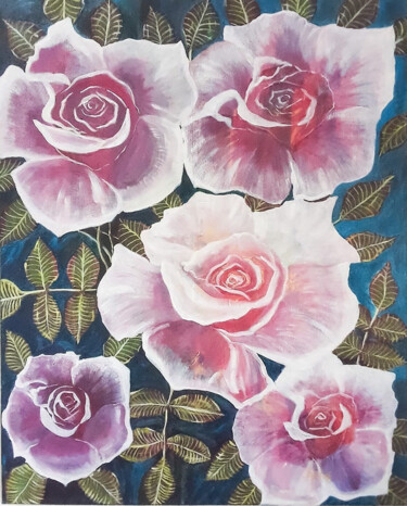 Painting titled "Pink Roses" by Lahiru Karunaratne, Original Artwork, Acrylic