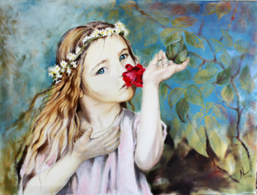 Pittura intitolato "Fille avec une rose…" da Natalia Laletina, Opera d'arte originale, Olio