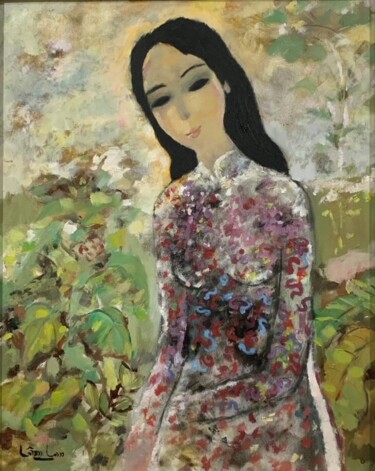 Painting titled "THIEU NU TRONG VUON" by Lâm Lan, Original Artwork, Oil