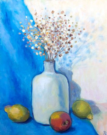 Painting titled "Still life with blu…" by Lana Krainova, Original Artwork, Oil Mounted on Wood Stretcher frame