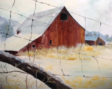 Painting titled "Barn Through the Fe…" by Lanny Roff, Original Artwork, Acrylic