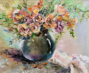 Картина под названием "oil peach roses in…" - Светлана Лановенко, Подлинное произведение искусства, Масло