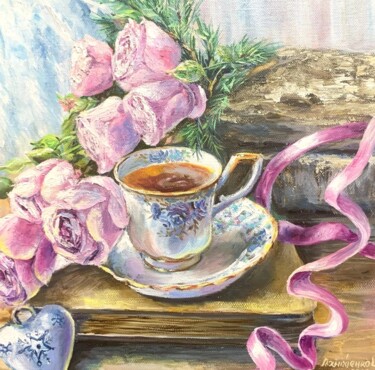 「pink roses a cup of…」というタイトルの絵画 Светлана Лановенкоによって, オリジナルのアートワーク, オイル