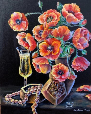 Painting titled "Poppies jewelry box…" by Svetlana Lanovenko, Original Artwork, Oil