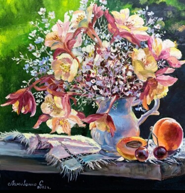Картина под названием "Bright bouquet of f…" - Светлана Лановенко, Подлинное произведение искусства, Масло