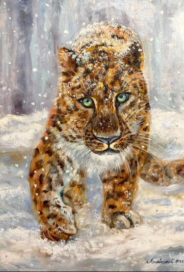 Ζωγραφική με τίτλο "Leopard snow wild b…" από Светлана Лановенко, Αυθεντικά έργα τέχνης, Λάδι