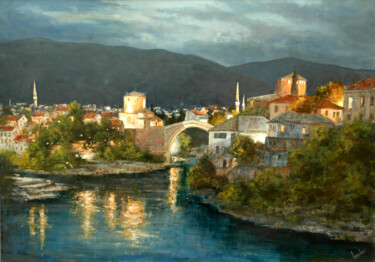 Pintura intitulada "Nightfall  in Mosta…" por Gyorgy Lantos, Obras de arte originais, Óleo Montado em Armação em madeira